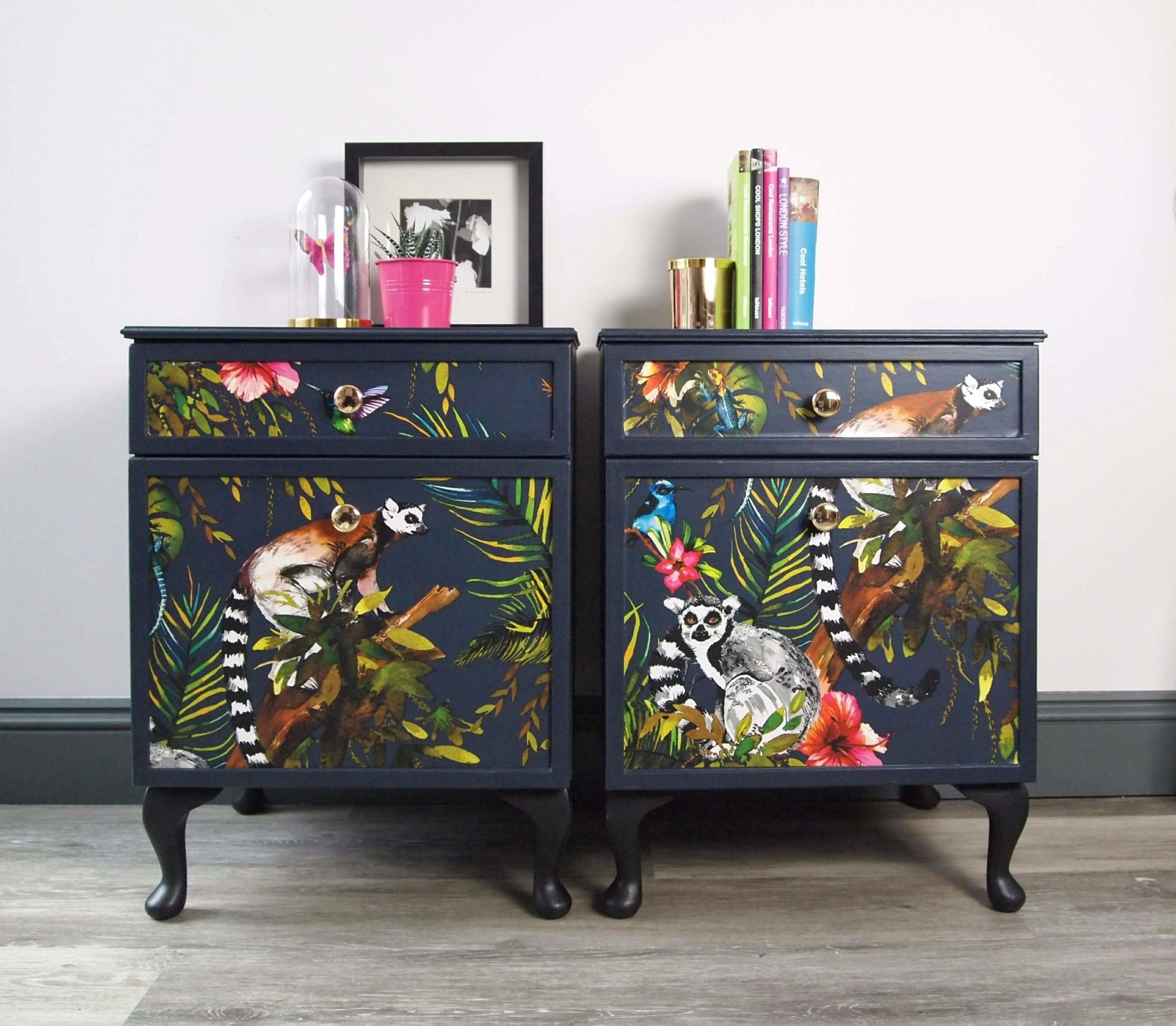Pair of bedside tables, découpaged in Lemur wallpaper