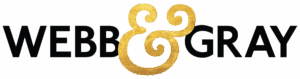 Webb & Gray logo. The words Webb and Gray are in a bold black sans serif font, seperated by a gold textured ampersand.