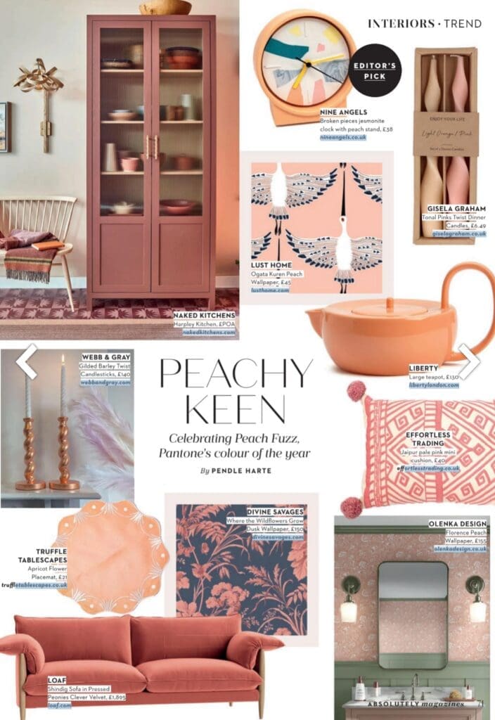 Absolutely Magazine Jan24 Magazine feature on the Peach Fuzz trend in Absolutely magazine