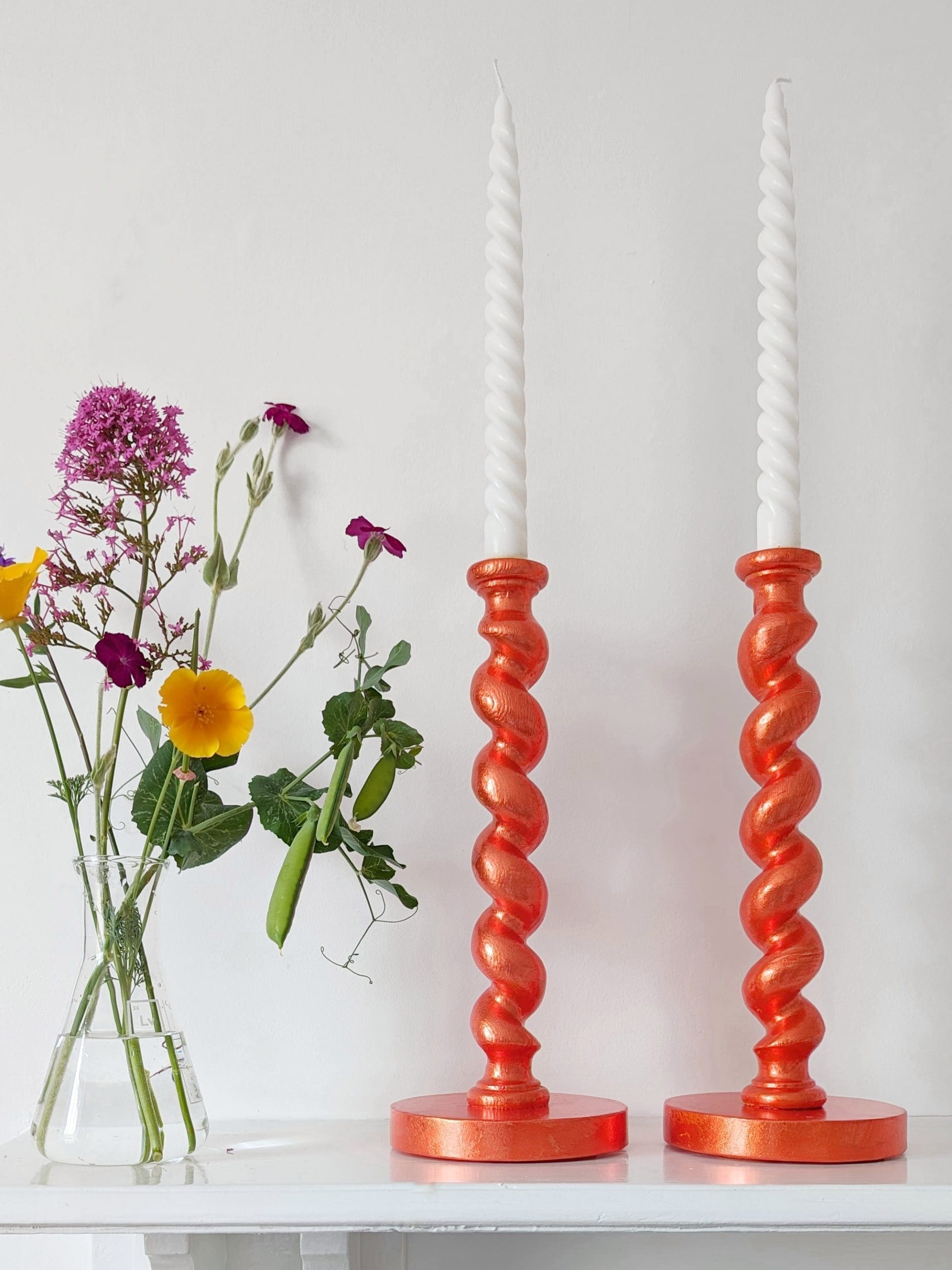 Oange candlesticks Gilded in real silver, displayed with summer flowers