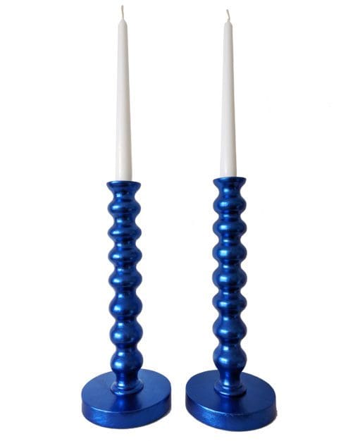 Pair of metallic royal blue bobbin gilded candlesticks