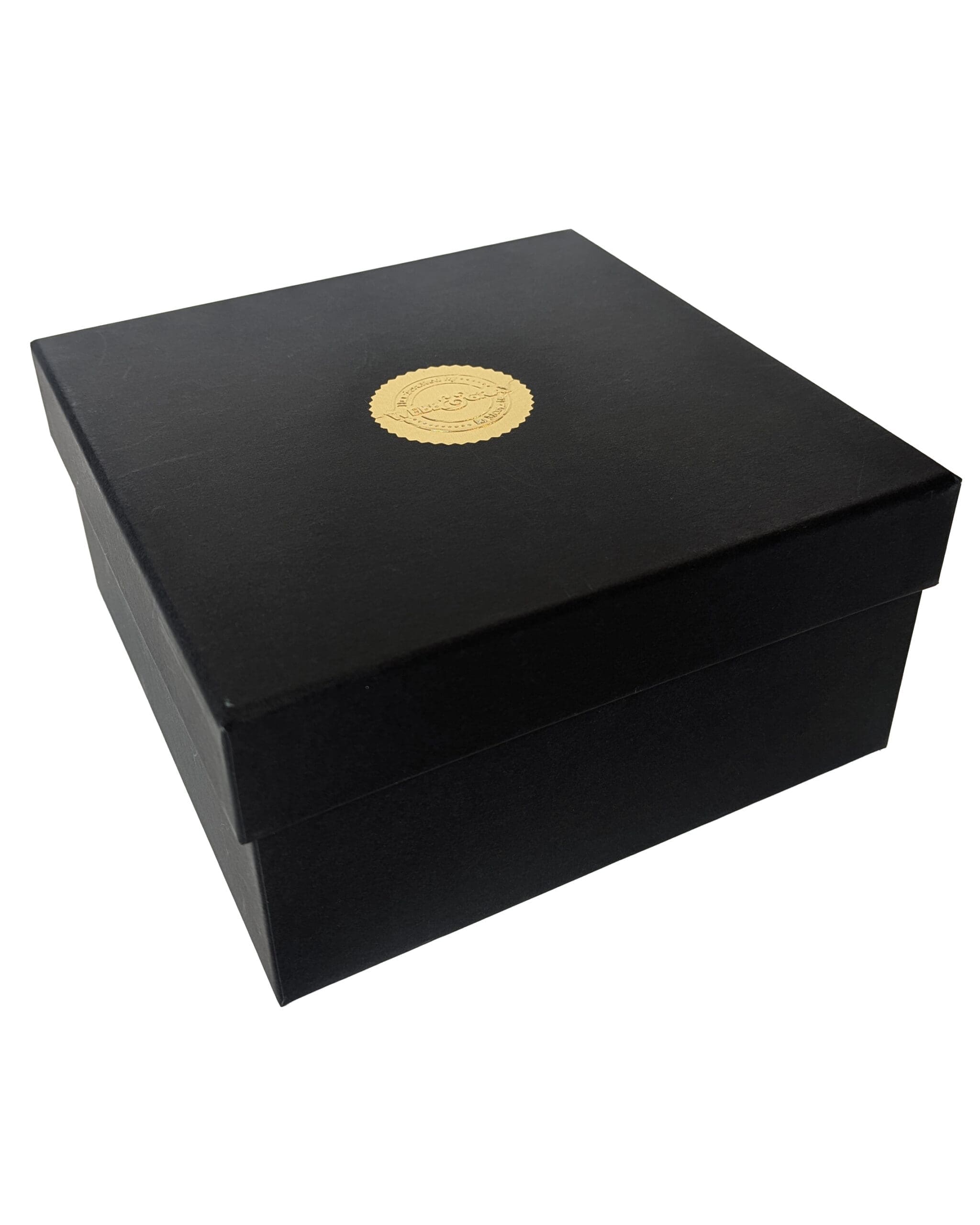 black gift box with gold seal sticker - Webb & Gray