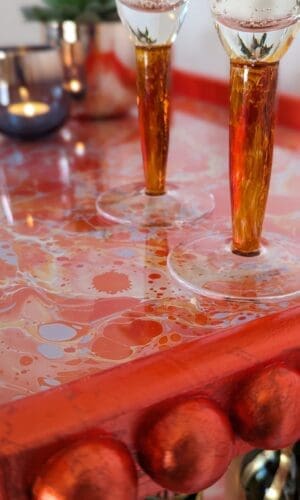 close up view or orange marble bar cart