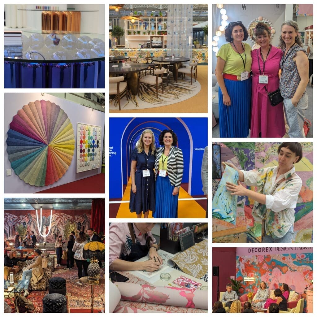 Pictures of Decorex 2023 including colourful furniture, crafts and interiors