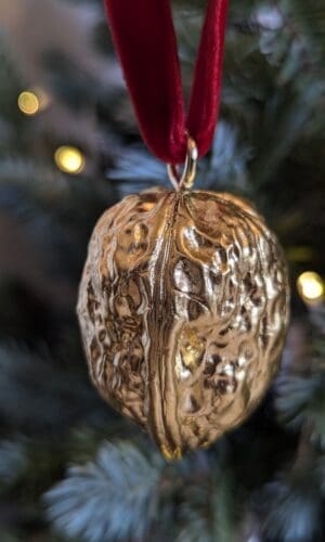 Real gold gilded walnut Christmas decoration hanging by a red velvet ribbon from a Christmas tree