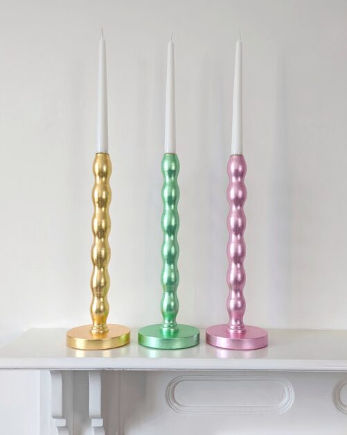 Colourful, luxury, sustainable candlesticks gilded in pastel coloured silver leaf