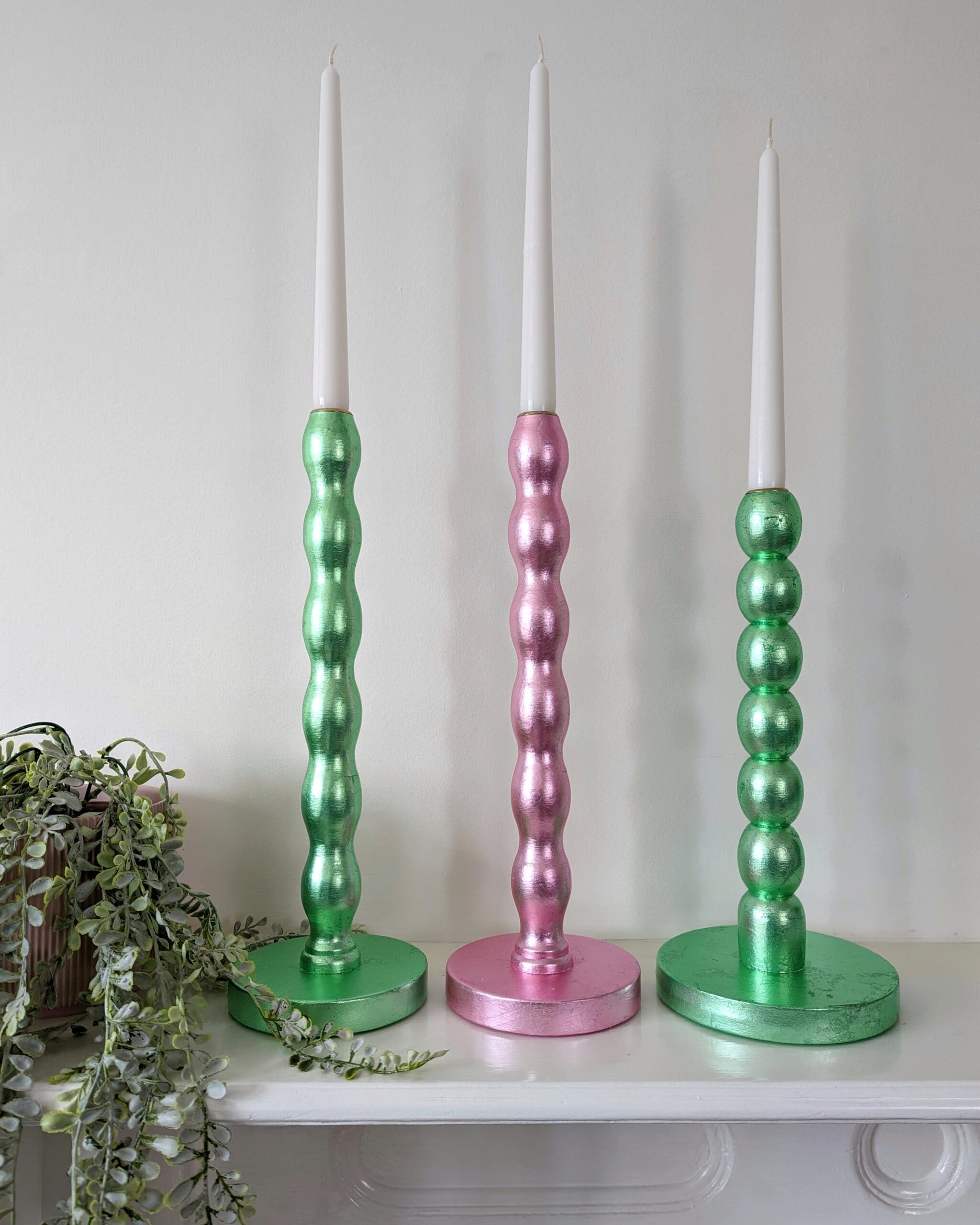 Gilded Bobbin Candlestick | Green Silver Leaf - Image 4