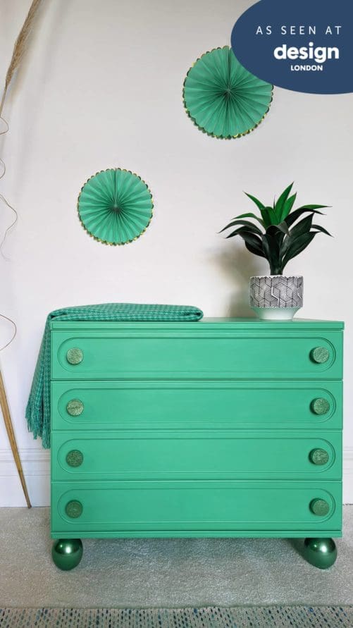 Mint green chest of drawers with metallic details