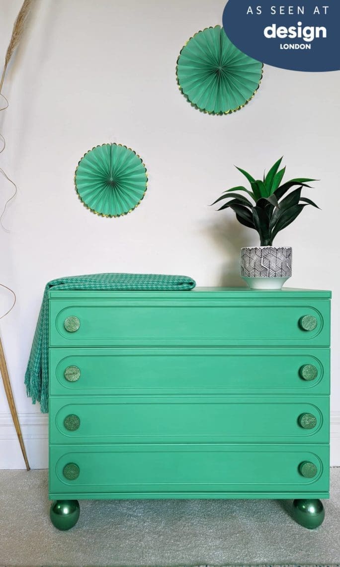 Mint green chest of drawers with metallic details