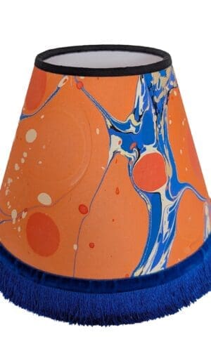 Orange & blue marbled paper lampshade with blue fringing