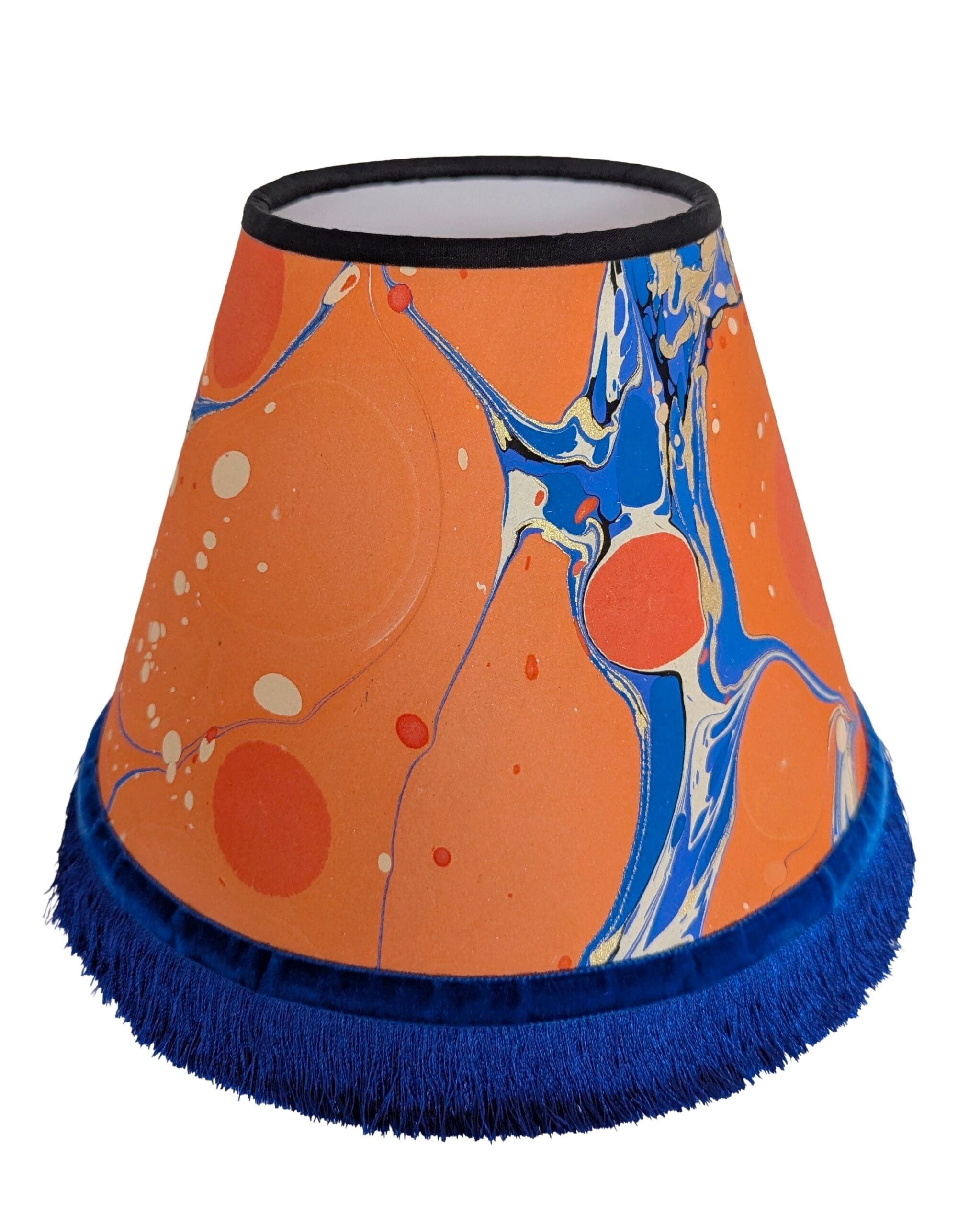Orange & blue marbled paper lampshade with blue fringing