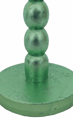 Detail of genuine mint green dyed silver leaf on handcrafted wooden lamp base