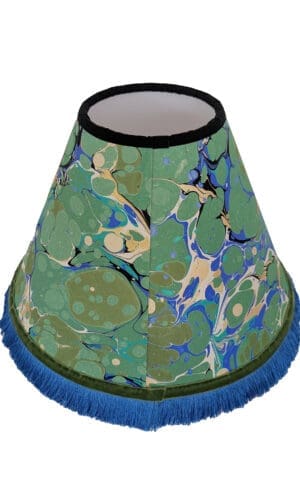 Back view of blue and green marbled handmade paper lampshade