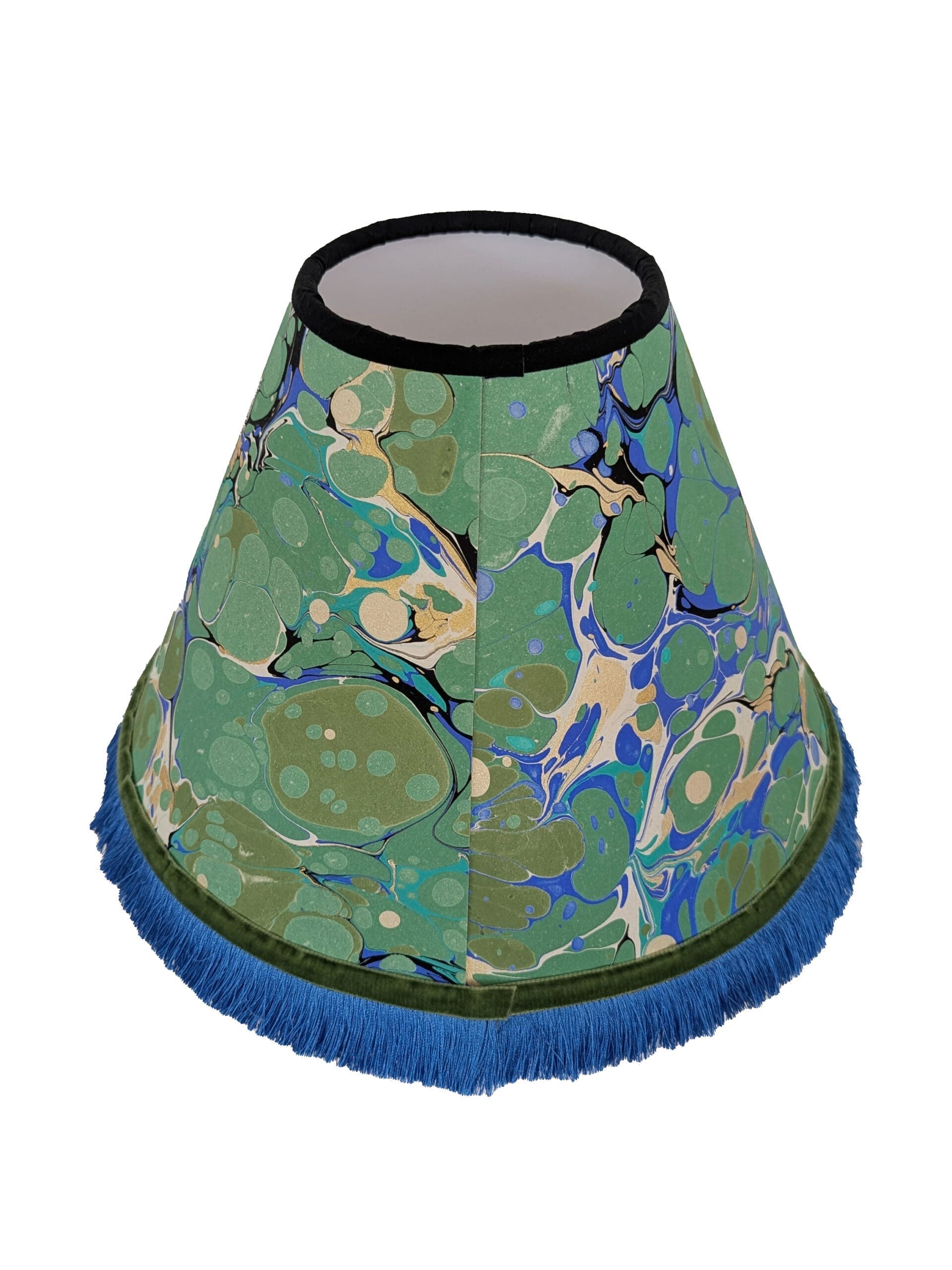 Back view of blue and green marbled handmade paper lampshade