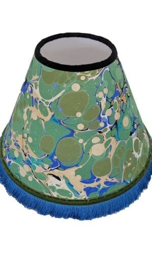 Blue and green marbled lampshade with blue fringing