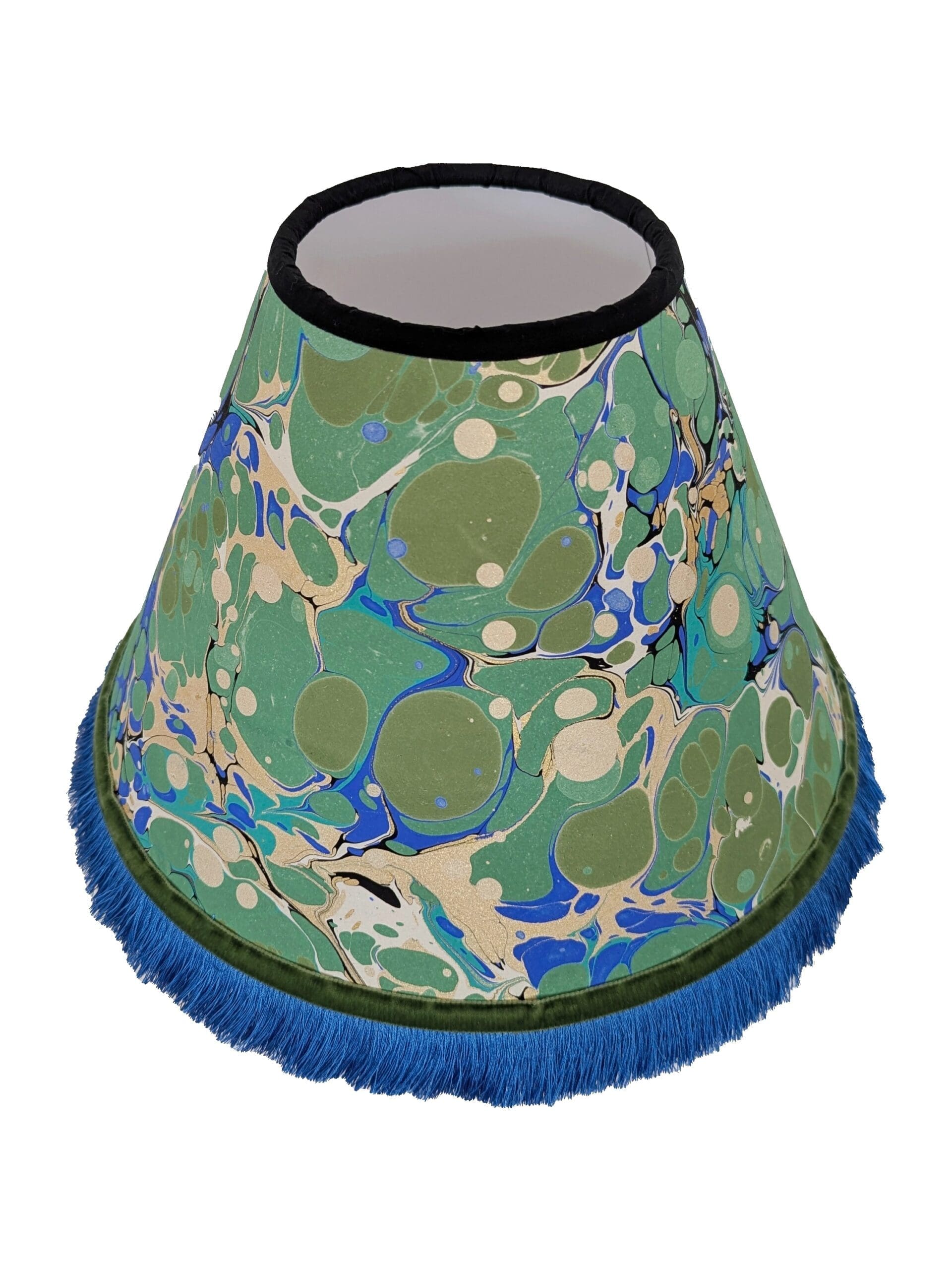 Blue and green marbled lampshade with blue fringing