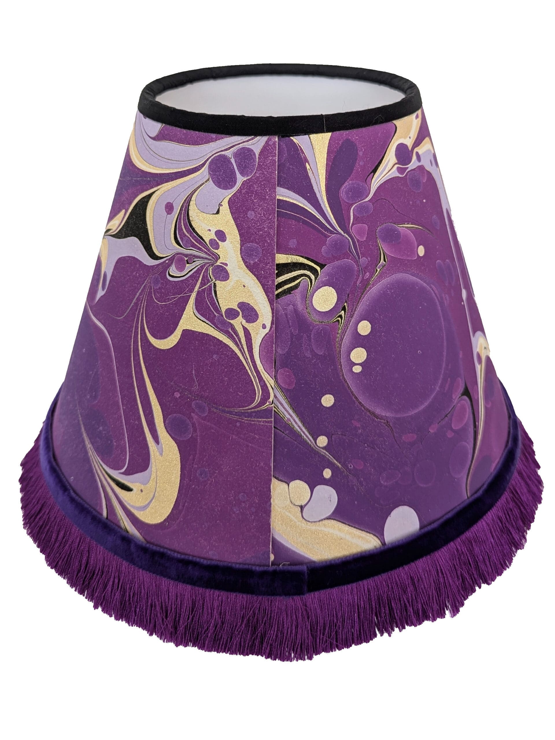 back view of handmade purple marbled lampshade with purple fringing