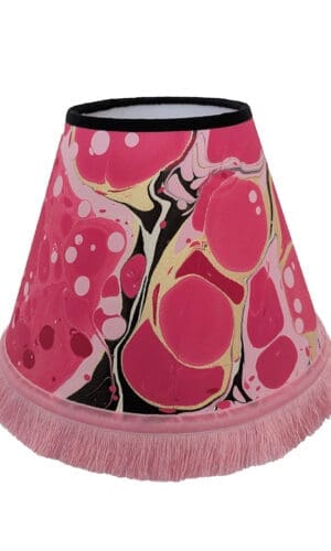 Handmade pink marbled lampshade with pink fringe trim