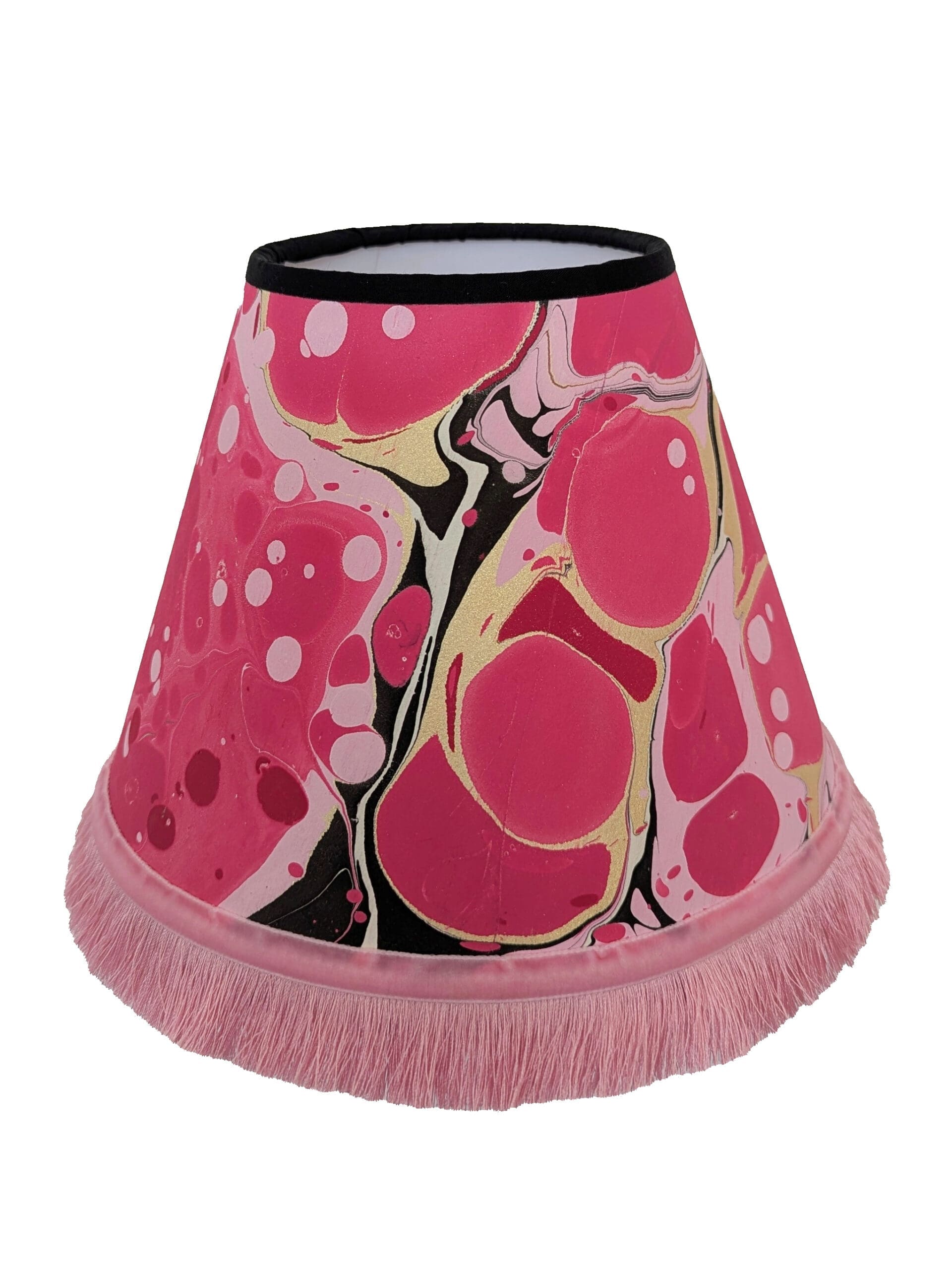 Handmade pink marbled lampshade with pink fringe trim
