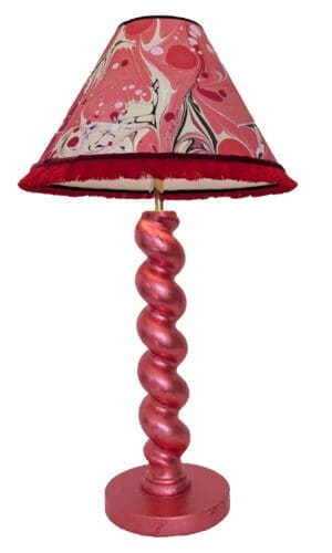 Handmade red cordless lamp made from reclaimed wood shown with red and gold marbled lampshade