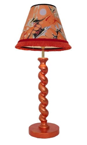orange barley twist cordless lamp gilded in orange silver leaf with orange marbled paper lampshade