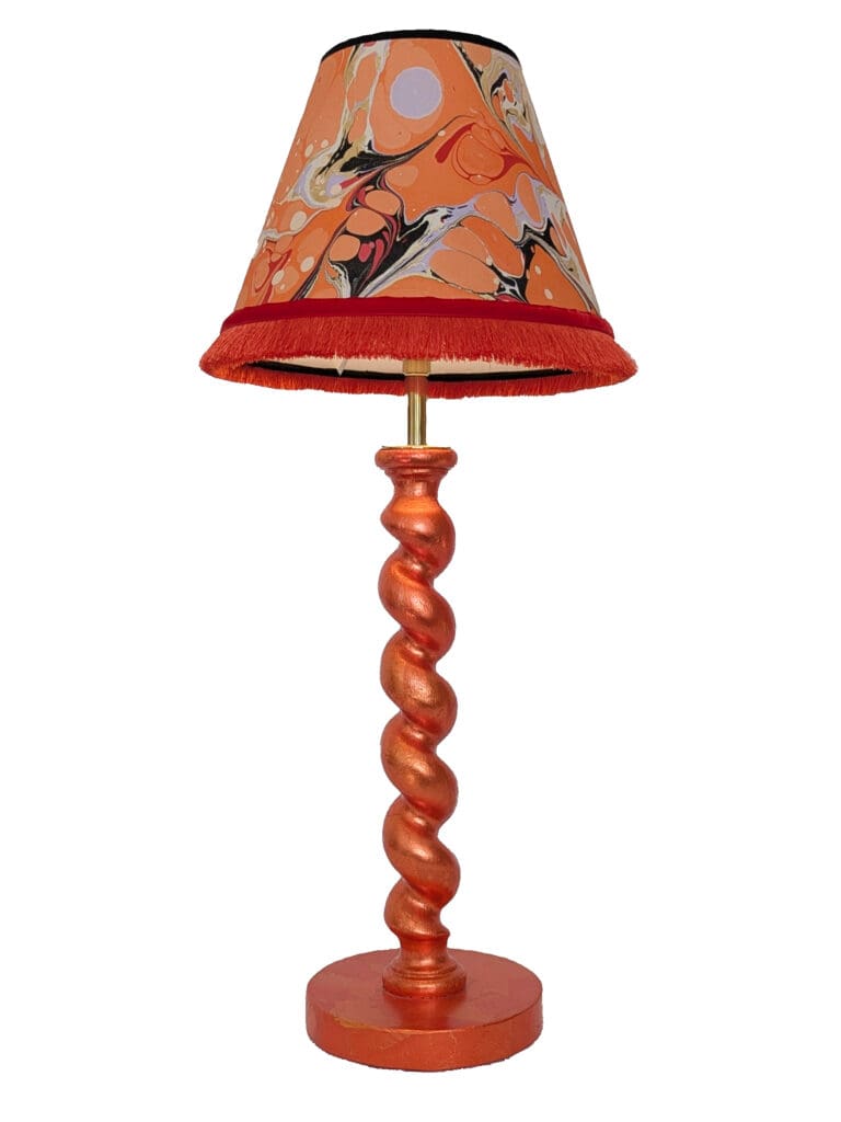 orange barley twist cordless lamp gilded in orange silver leaf with orange marbled paper lampshade