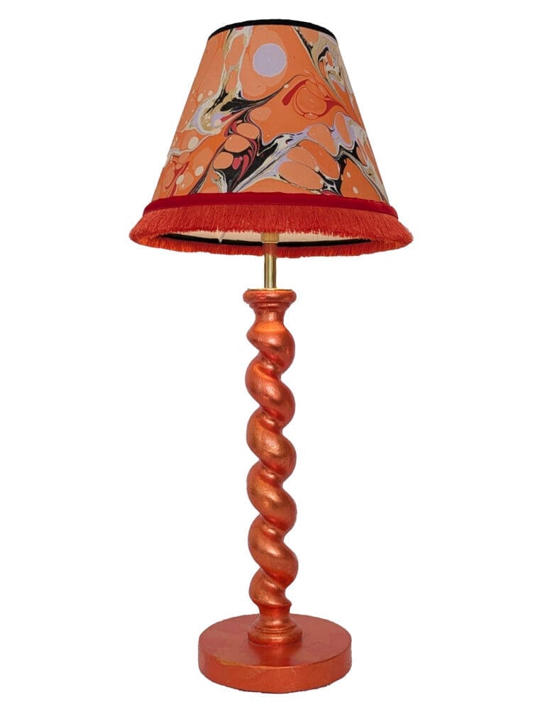 orange barley twist cordless lamp gilded in orange silver leaf with orange marbled paper lampshade