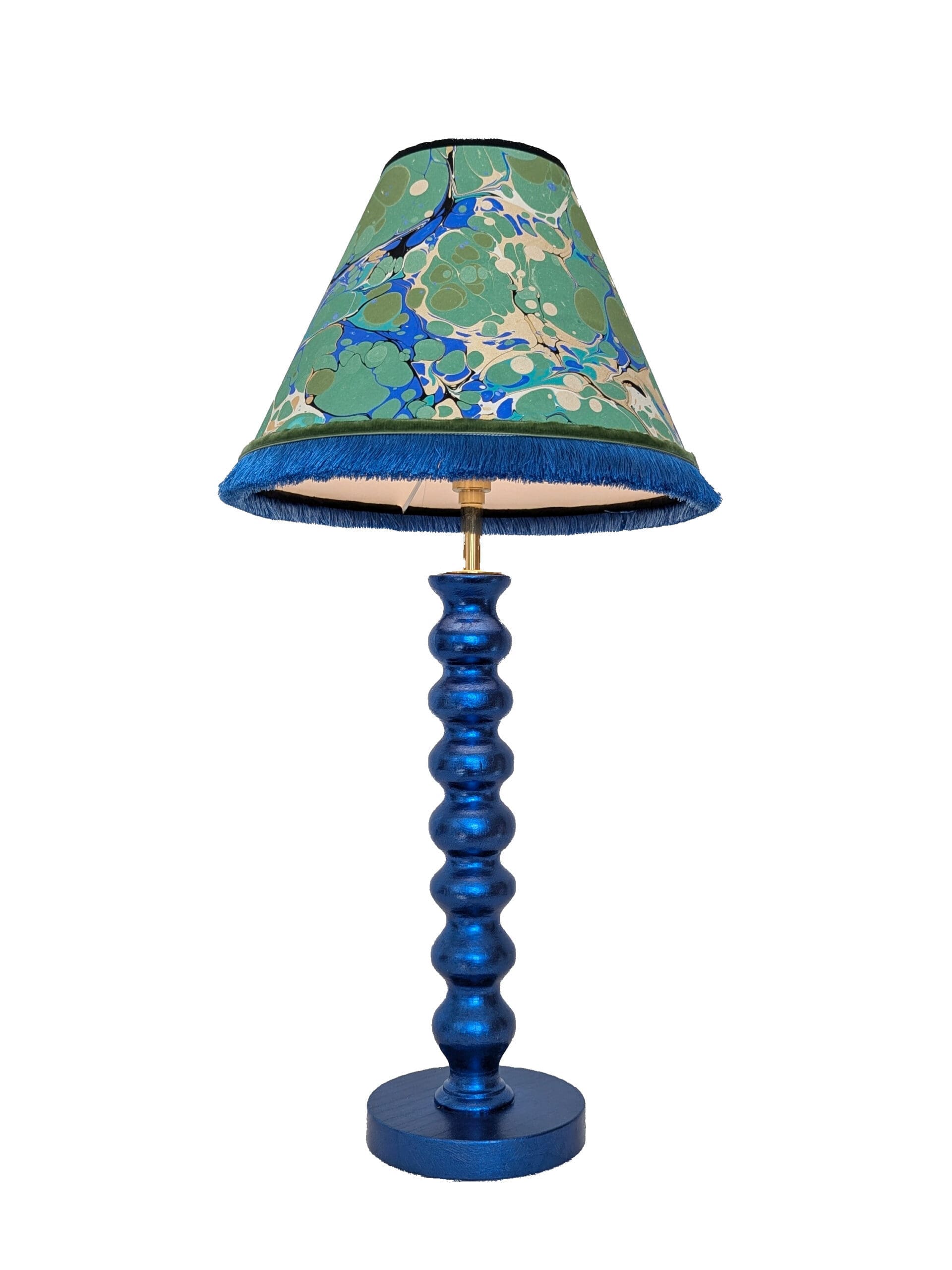 Blue gilded bobbin lamp with blue and green marbled lampshade