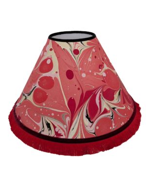 Handmade red and gold marbled lampshade with red fringe and ribbon trim