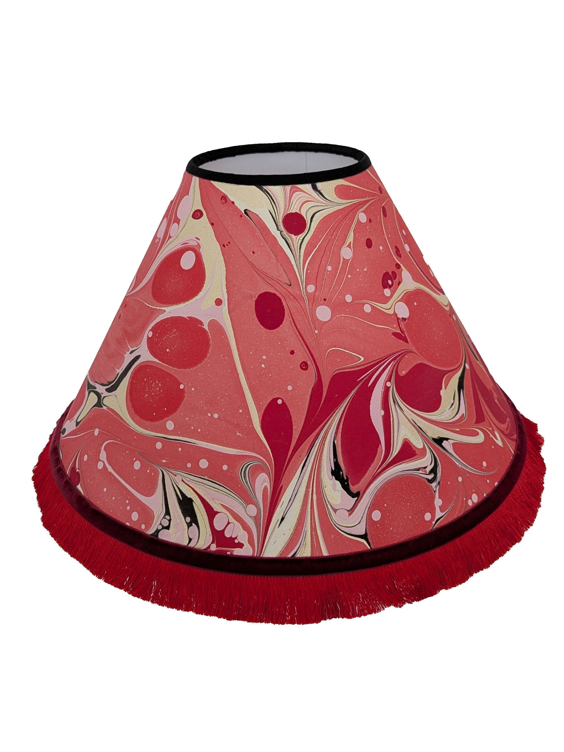 Handmade red and gold marbled lampshade with red fringe and ribbon trim