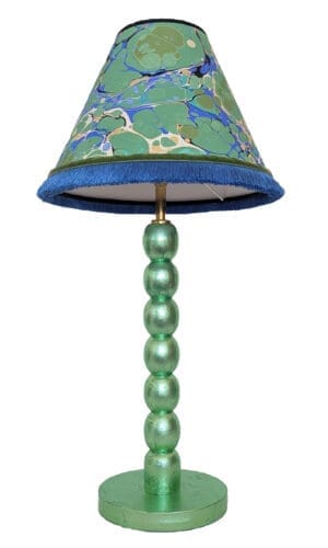 Handmade green cordless lamp with mint silver leaf finish on reclaimed wood base