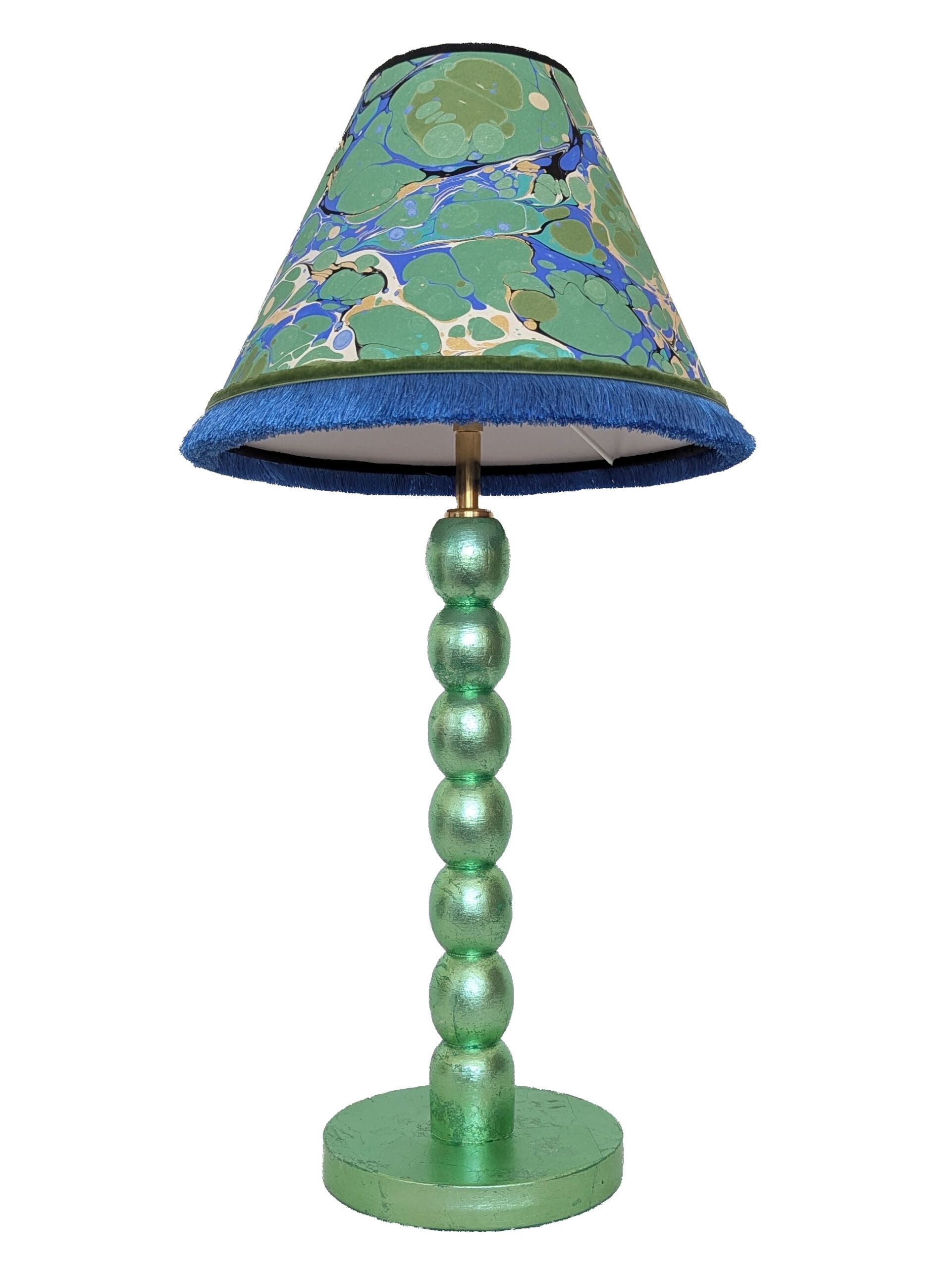 Handmade green cordless lamp with mint silver leaf finish on reclaimed wood base