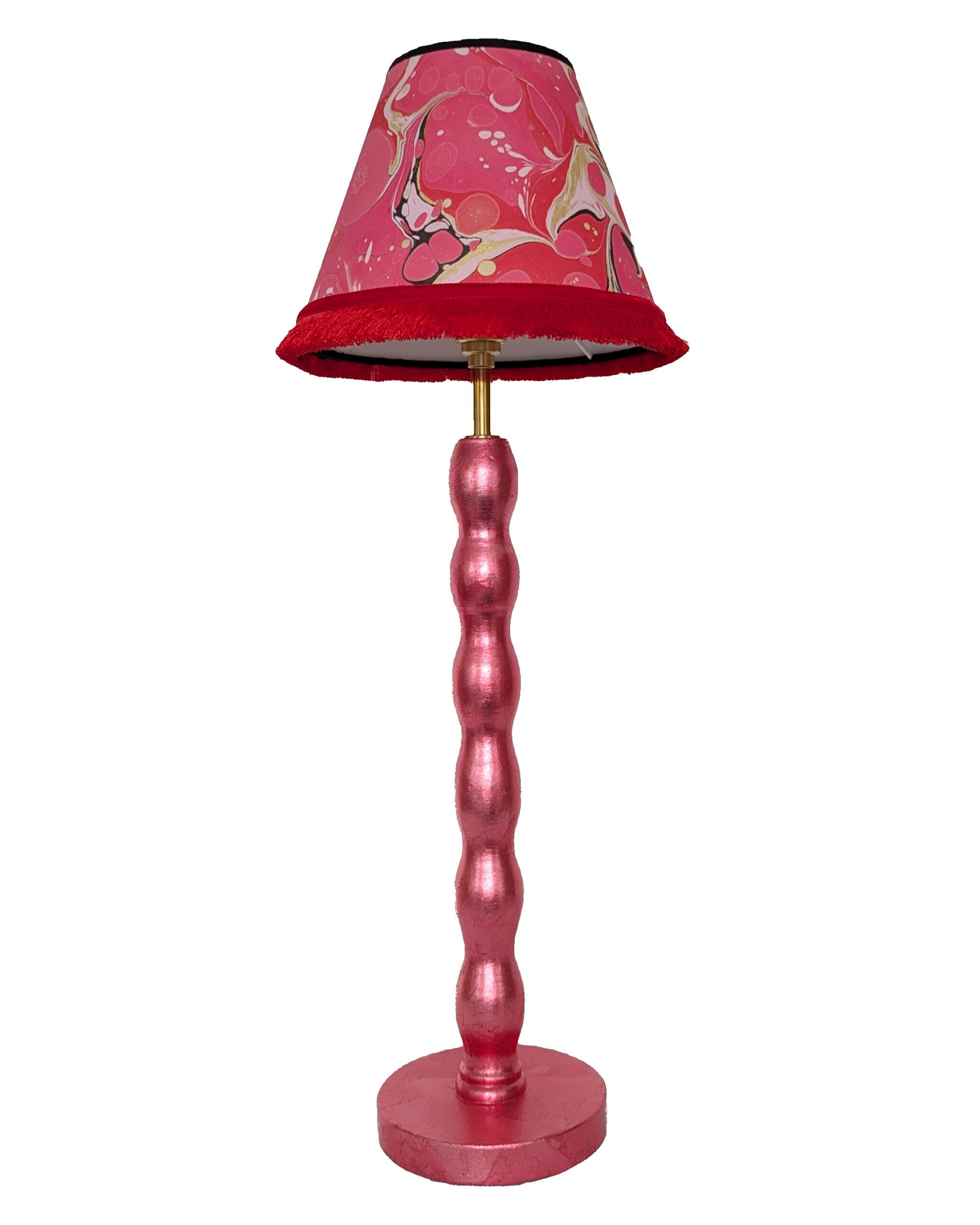 Red wavy gilded cordless lamp with red marbled paper lampshade