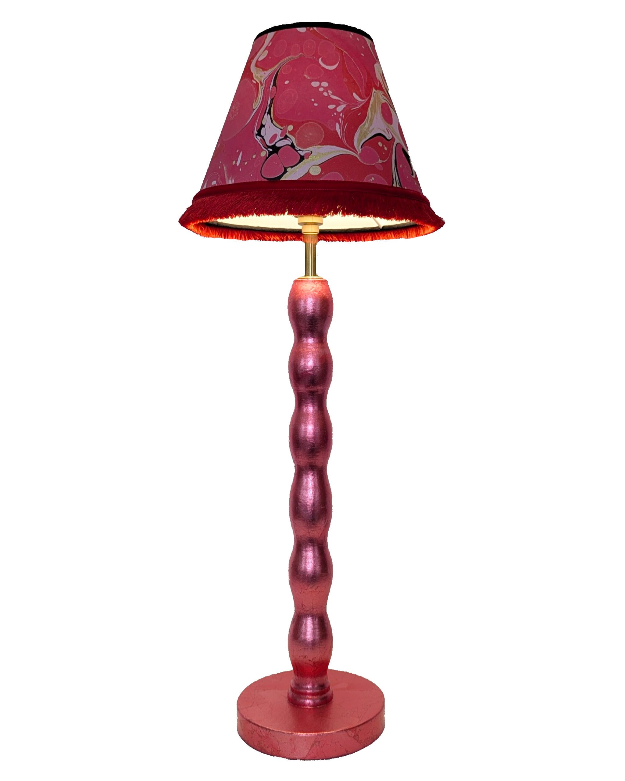 illuminated rechargeable lamp in metallic red finish with red and white marble patterned lampshade