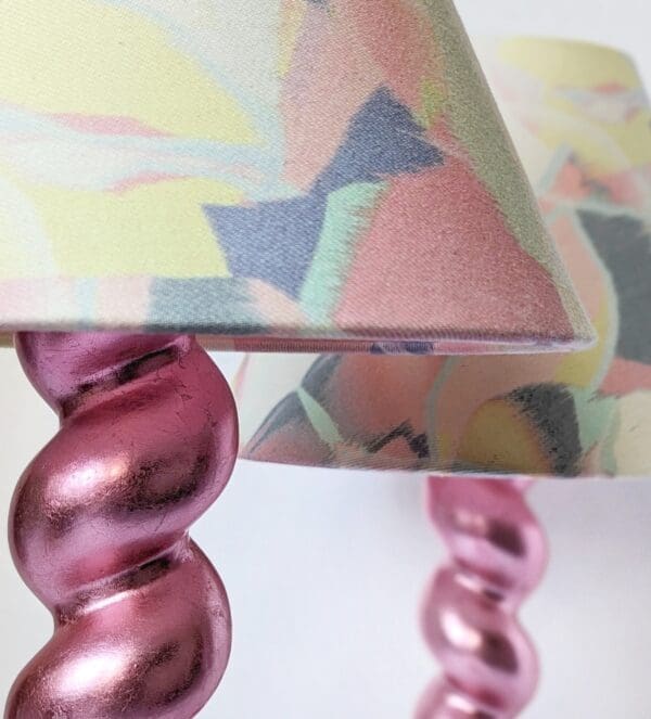 Pink Gilded Lamp close up with paste lampshades and candy pink barley twist bases