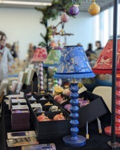 Stall at Margate craft fairs with handmade lamps and marbled Christmas baubles