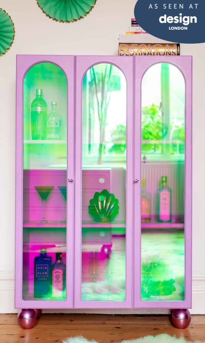 pink iridescent display cabinet