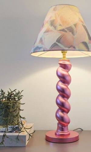 Metallic pink twist lamp with fabric shade