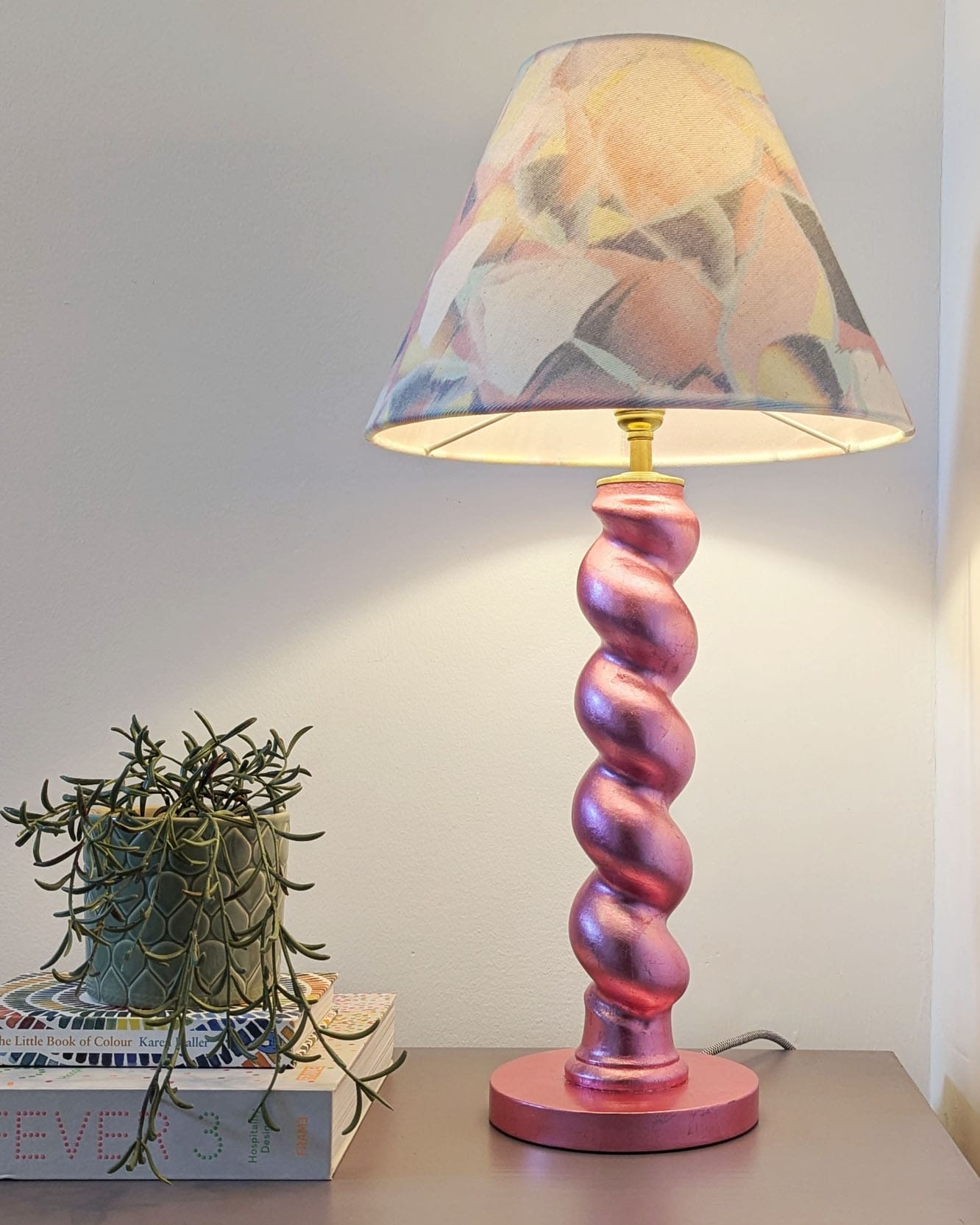 Metallic pink twist lamp with fabric shade