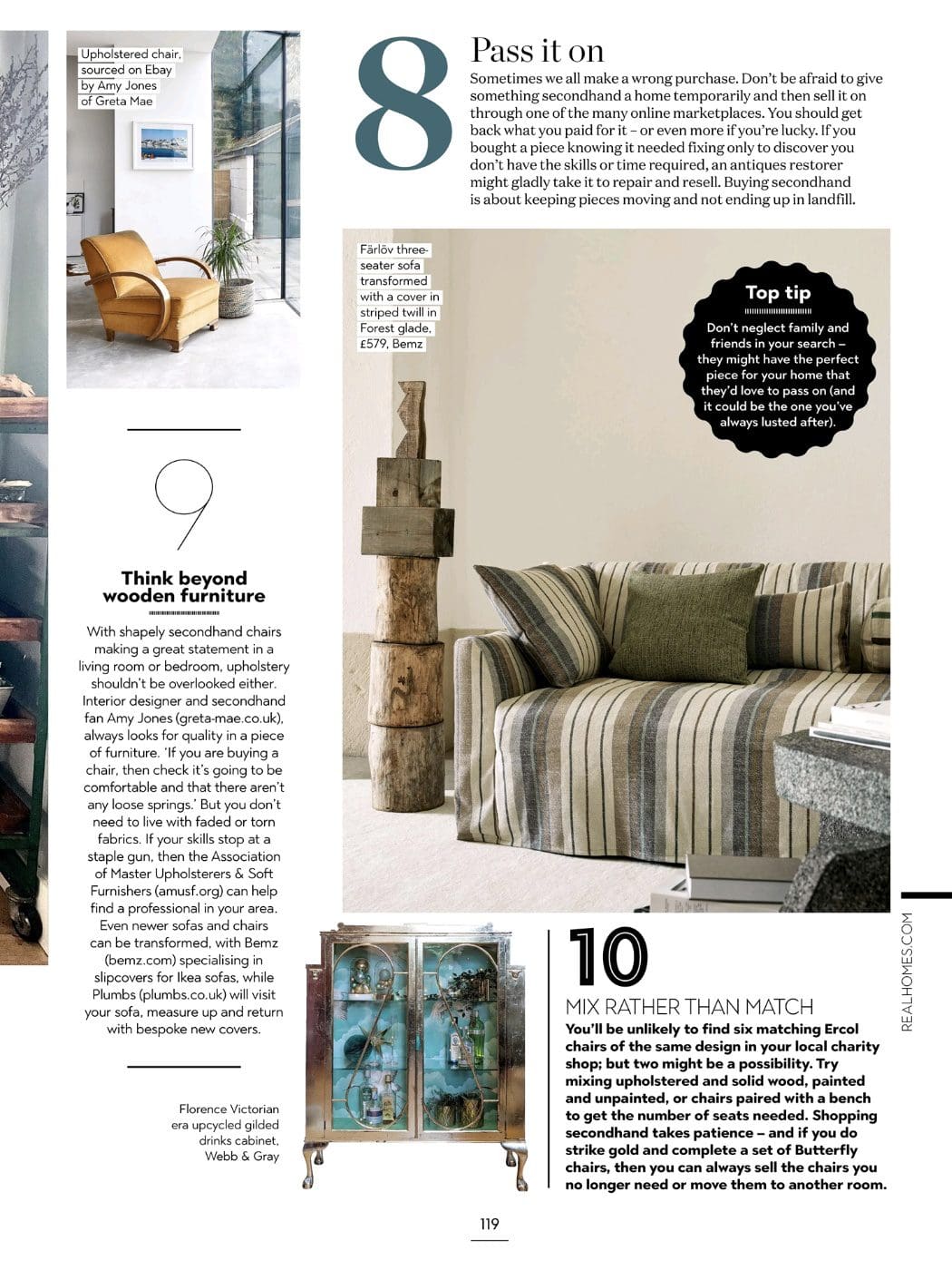 Gold display cabinet in magazine article about buying secondhand furniture