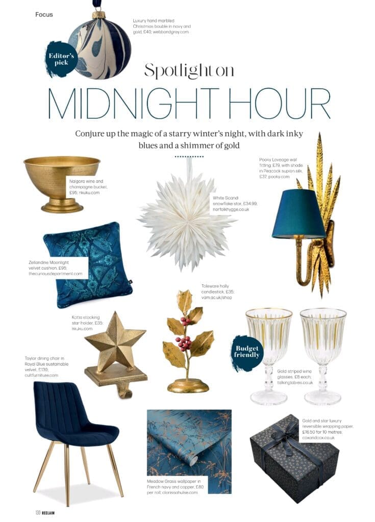 Reclaim navy bauble Magazine article about dark blue chritmas decorations