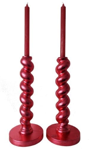 Pair of metallic red barleytwist gilded candlesticks