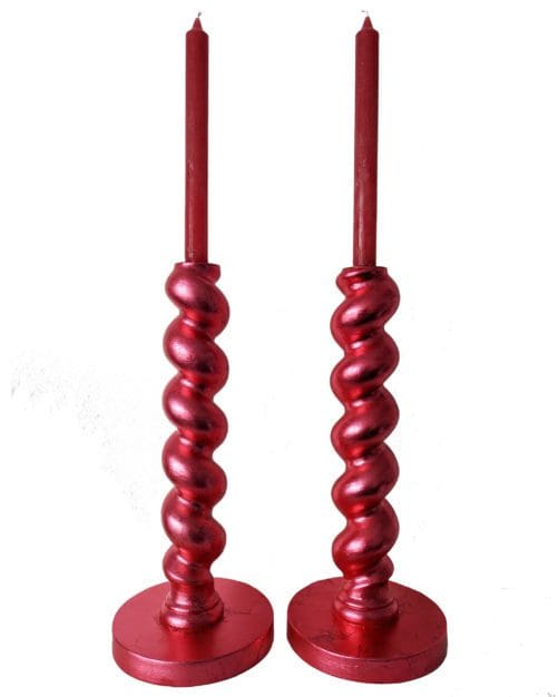 Pair of metallic red barleytwist gilded candlesticks