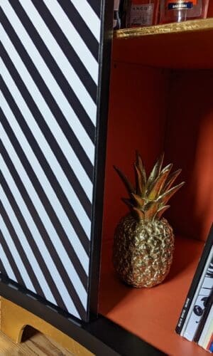 Close up view showing orange interior of cabinet with vinyl records and a gold pineapple