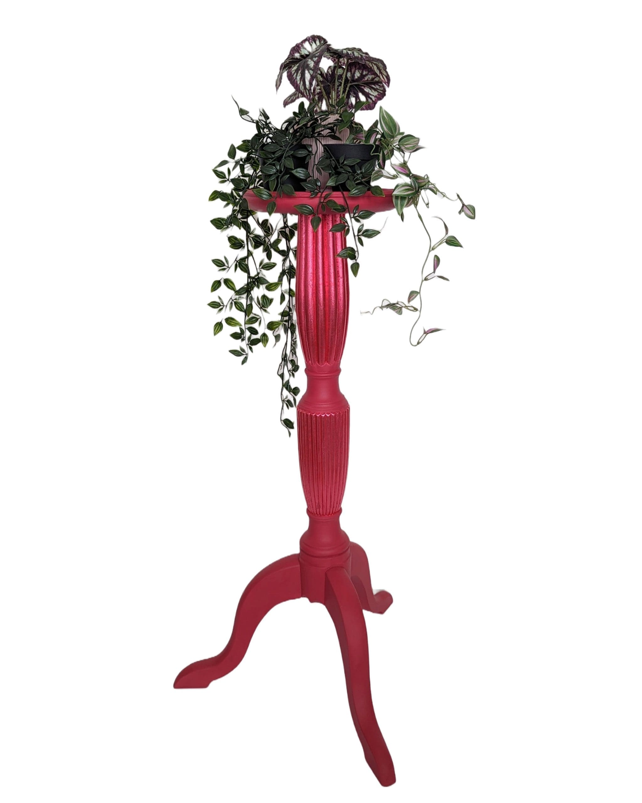 Tall red plant stand with trailing plants