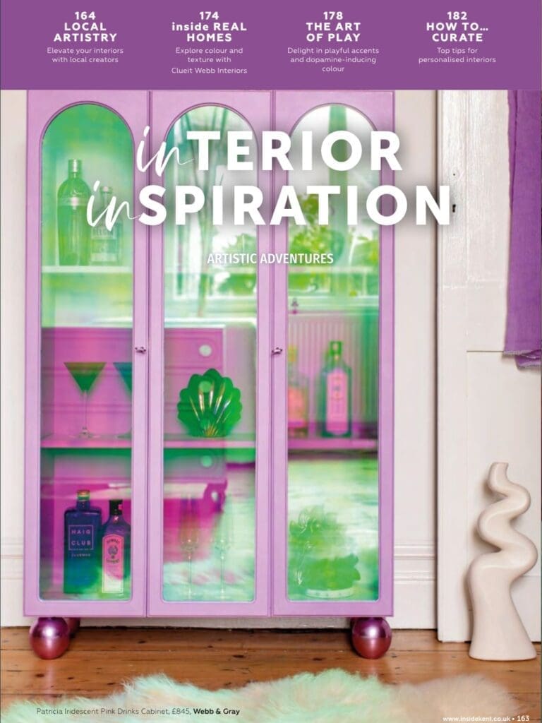 Pink 'Patricia' cabinet with iridescent arched glass doors featured in InsideKENT magazine