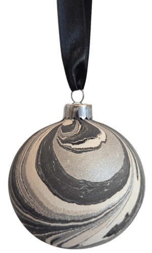 Grey and silver luxury marbled Christmas bauble decoration hanging from dark grey ribbon