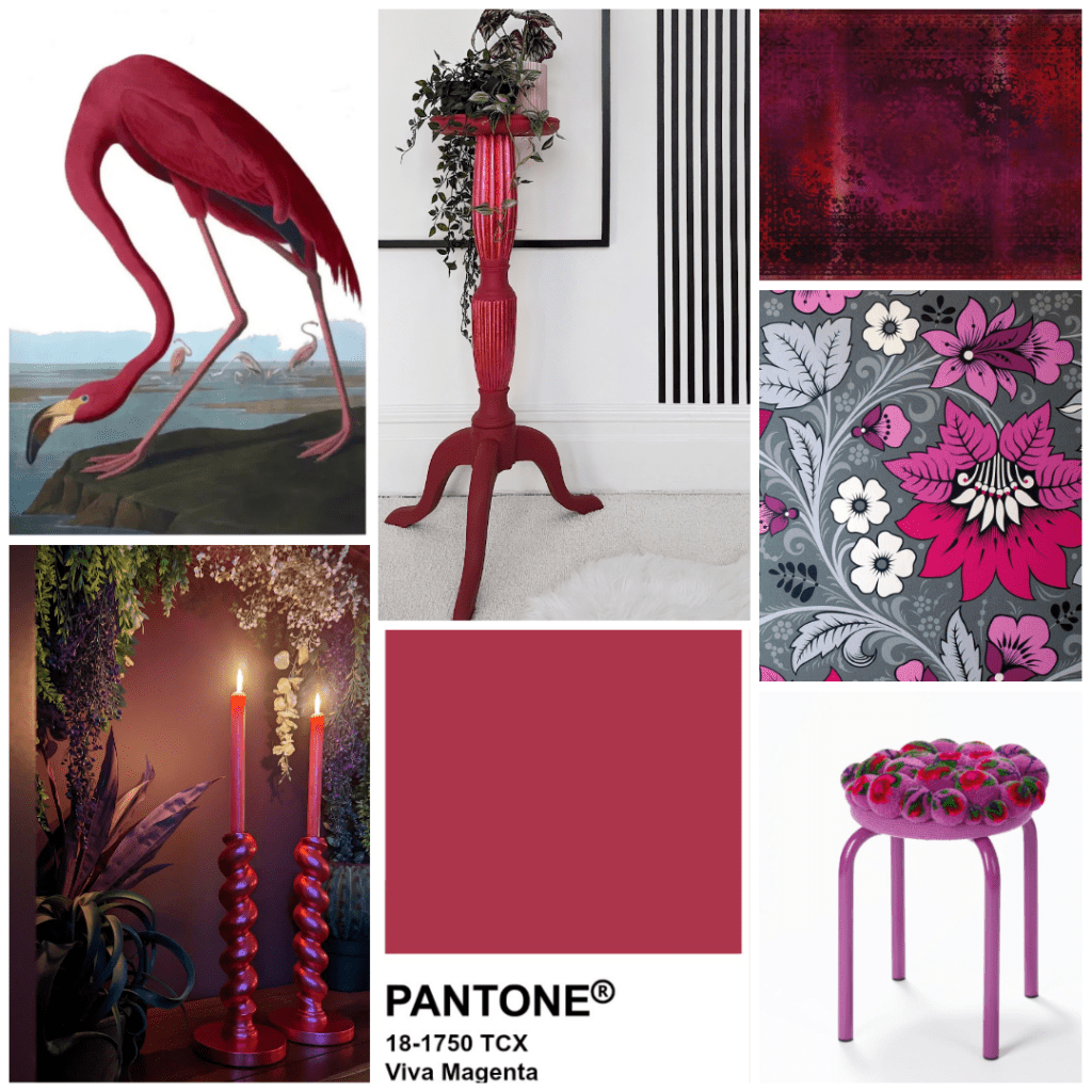 Collage of furniture, wallpaper and homewares in the Pantone Viva Magenta colour palette