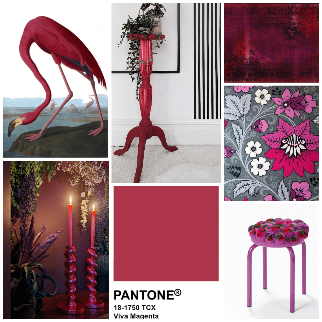 Pantone Viva Magenta collage Collage of furniture, wallpaper and homewares in the Pantone Viva Magenta colour palette