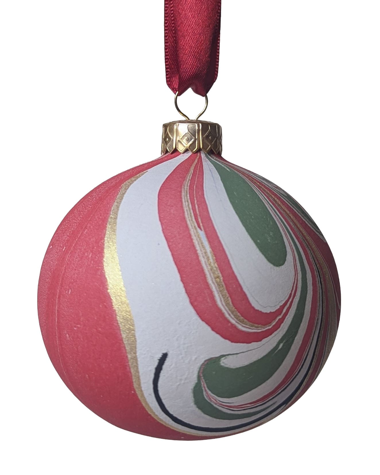 Red, green, black, white and gold marbled ceramic bauble on red satin ribbon